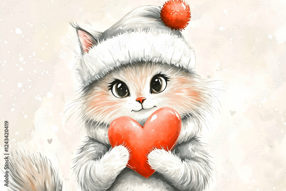 Beautiful illustration of a cat in a hat holds a heart in his paws. Valentine`s Day postcard Beautiful illustration of a cat in a hat holds a heart in his paws. Valentine`s Day postcard