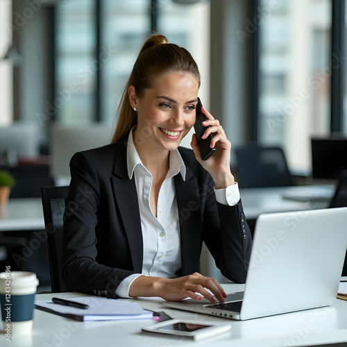 Professional Businesswoman Working on Laptop and Talking on Phone in Office