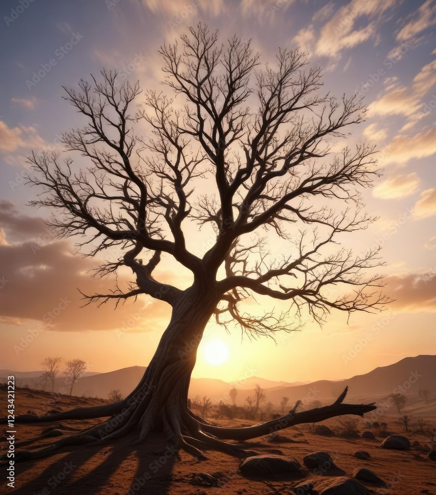 The tree's bare branches stretch towards the sky as the sun rises behind it , natural scenery, morning light The tree's bare branches stretch towards the sky as the sun rises behind it , natural scenery, morning light