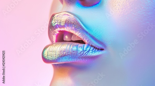 close-up lips front-view portrait beauty glossy metallic lipstick pastel background holographic light photo