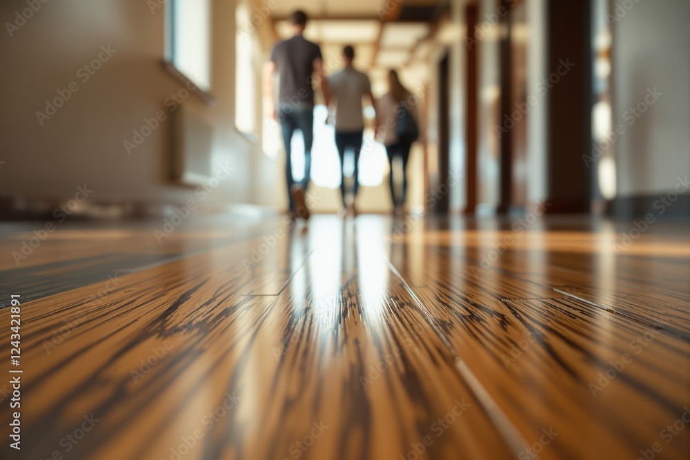 Close-up of polished wooden floor in a bright hallway with blurred figures walking in the background. Warm tones and soft lighting create a creative concept. Ai generative Close-up of polished wooden floor in a bright hallway with blurred figures walking in the background. Warm tones and soft lighting create a creative concept. Ai generative