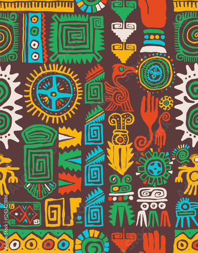 Inca traditional seamless pattern. Seamless pattern made in ethnic style. Aztec colored textile print. Perfect for site backgrounds, wrapping paper, fabric design. Unique geometric vector illustration