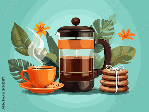 Freshly brewed coffee with cookies, cheerful mood, French press and tropical leaves, vibrant colors
