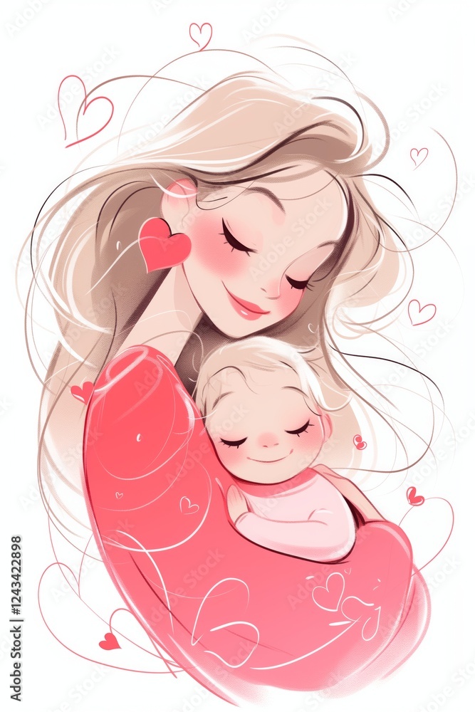 Mother holding her baby surrounded by hearts representing mother's day Mother holding her baby surrounded by hearts representing mother's day