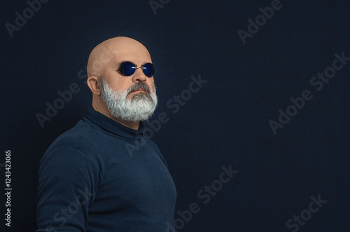 Side view of bald bearded man in dark blue glasses. Looks like Morpheus from the Matrix. Copy space. photo