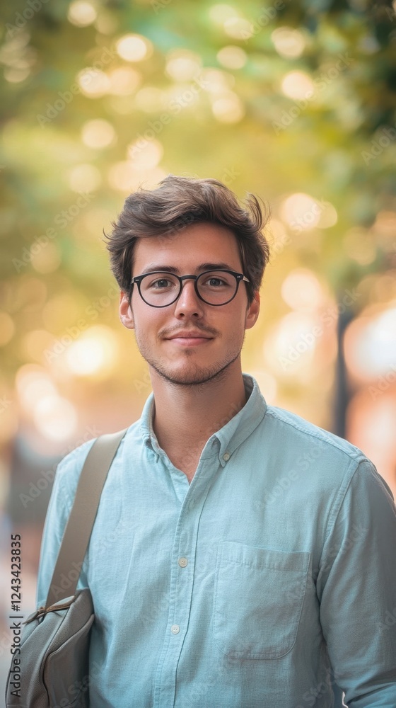 Obraz premium Vibrant minimalist portrait of a young man in a sunny urban setting during autumn