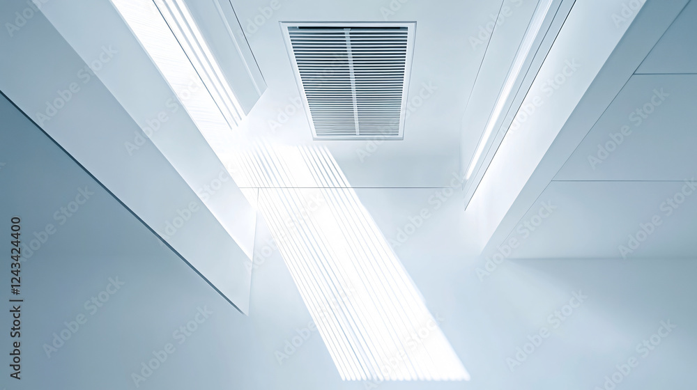 A modern ceiling-mounted air conditioning vent is featured in a minimalist white room with geometric shapes, allowing natural light to filter through. A modern ceiling-mounted air conditioning vent is featured in a minimalist white room with geometric shapes, allowing natural light to filter through.