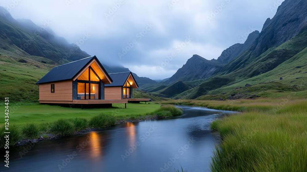 Remote cabins nestled by a tranquil river amidst mountains at dusk Remote cabins nestled by a tranquil river amidst mountains at dusk