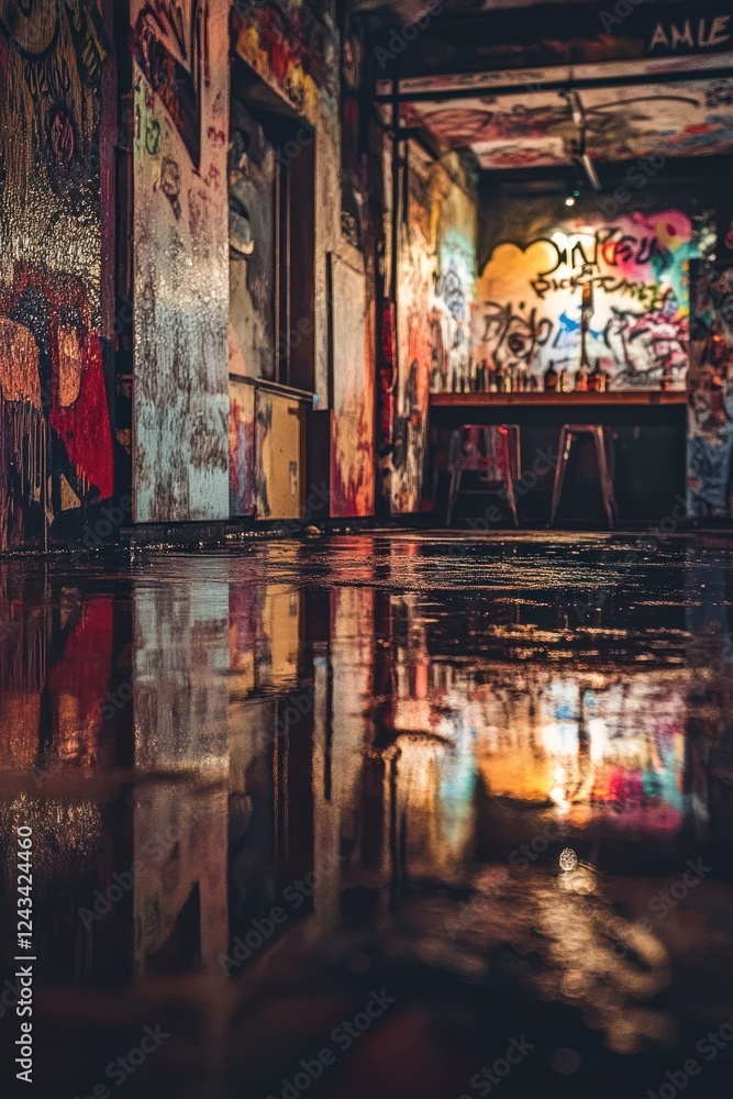 Obraz premium Graffiti-covered bar interior, wet floor reflection, urban nightlife