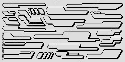 Set of three-dimensional Y2K geometric shapes with bold black outlines on a light background. Futuristic and dynamic cyber techno design for posters, banners, stickers, ads, t-shirts, logos. Sci-fi.