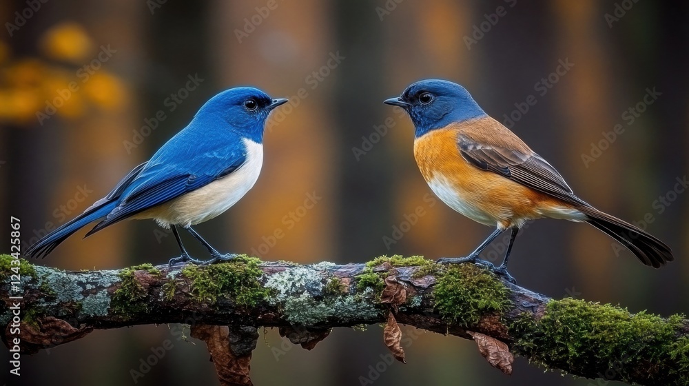 Fototapeta premium Two Small Birds on Mossy Branch, Autumn Forest