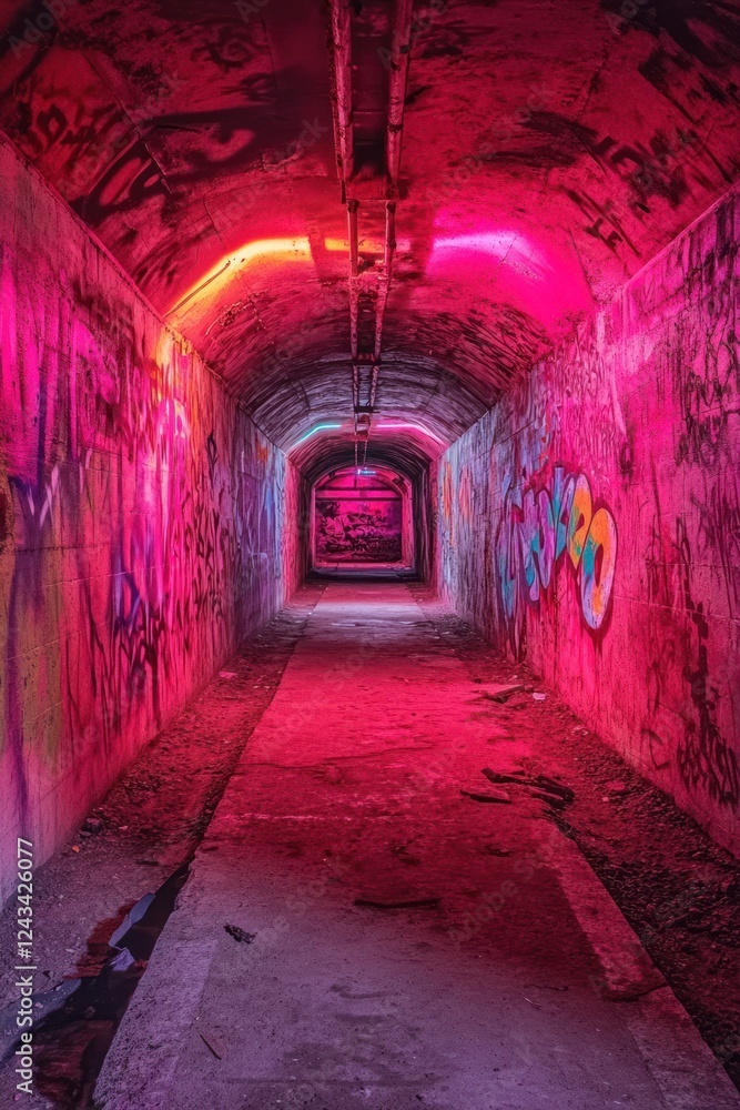 Pink neon tunnel graffiti art urban exploration Pink neon tunnel graffiti art urban exploration
