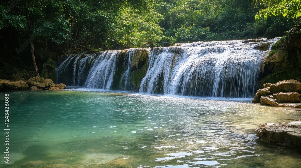 Fototapeta premium Waterfall cascading into tranquil pool surrounded by lush greenery in a serene natural setting
