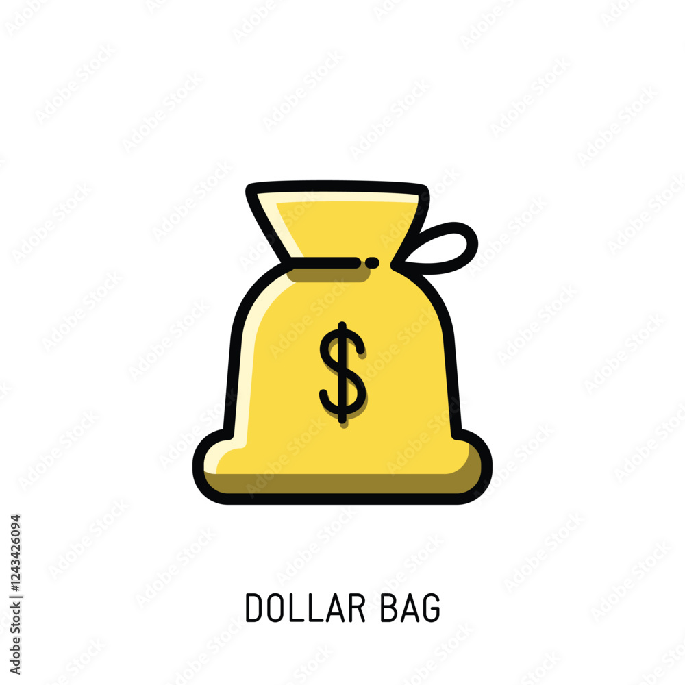 A vibrant yellow money bag icon perfect for finance websites or apps. Use this vector illustration to represent wealth or financial success.