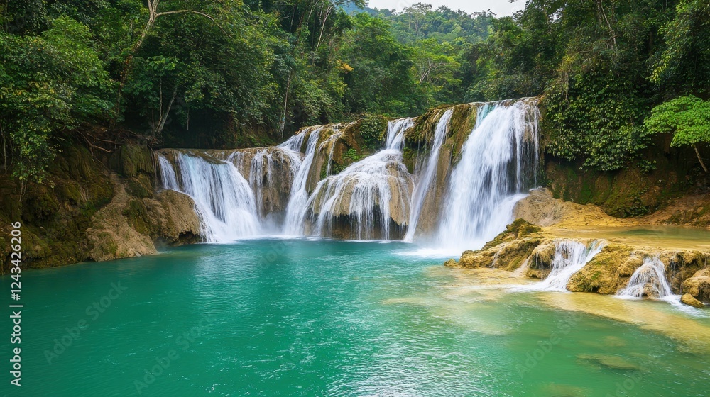 Fototapeta premium Waterfall cascading into turquoise waters surrounded by lush greenery in a tropical setting