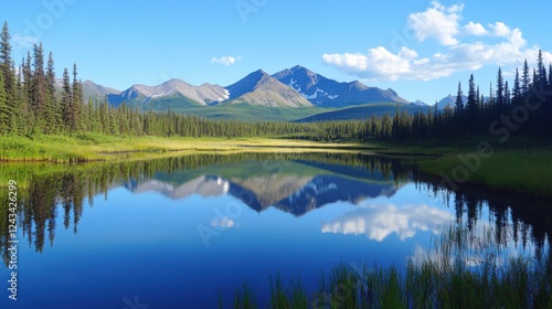 Mountain range reflects perfectly in calm waters of serene lake during bright sunny day
