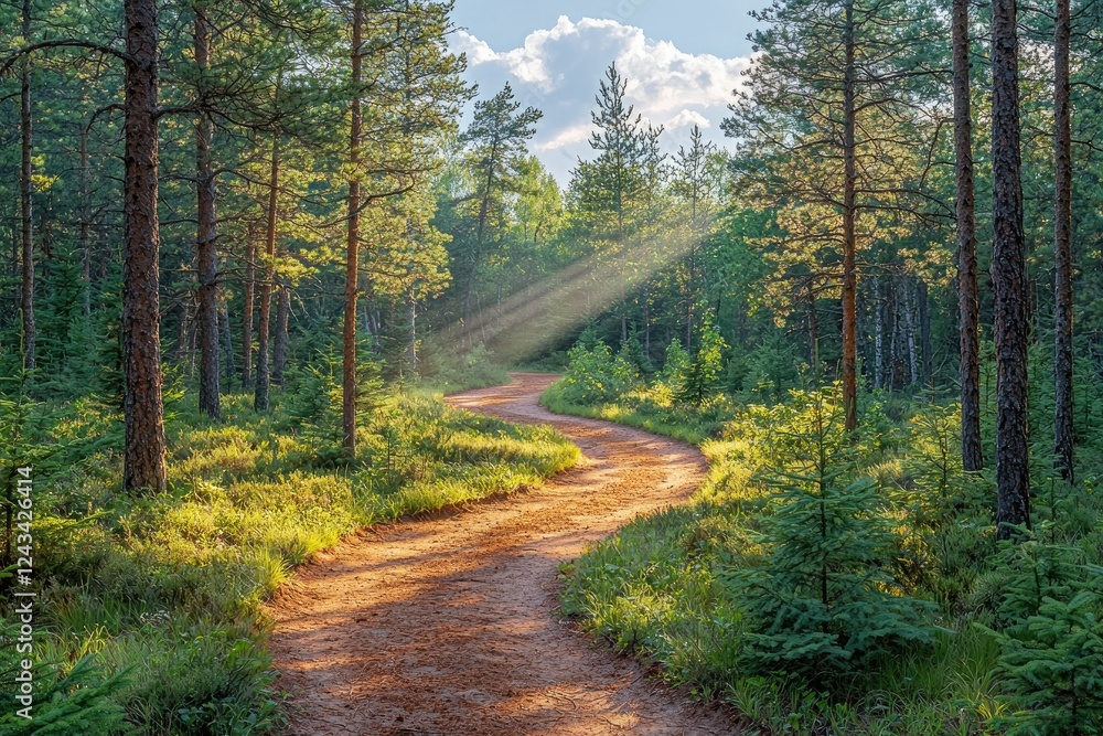 Sunlit path winds through a lush pine forest Sunlit path winds through a lush pine forest