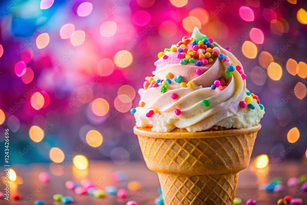 Funny Ice Cream Wafer Cup Closeup with Colorful Sprinkles on Pink - Bokeh Background Funny Ice Cream Wafer Cup Closeup with Colorful Sprinkles on Pink - Bokeh Background