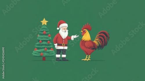 Pixel Art Santa Claus and Rooster by Christmas Tree