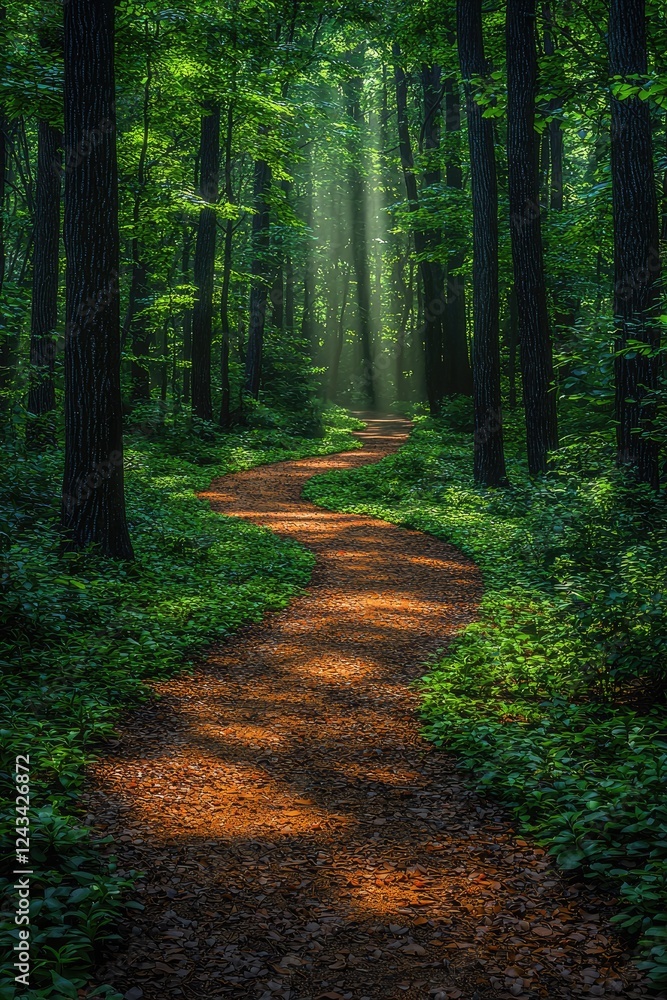 Fototapeta premium Sunlit Path Winding Through A Lush Green Forest