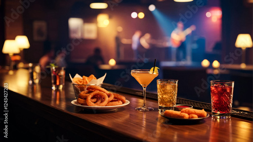Bar Counter with Cocktails and Appetizers at Live Music Venue