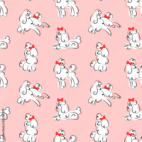 Cute white poodle print for girls clothes. Seamless pattern. Background design.