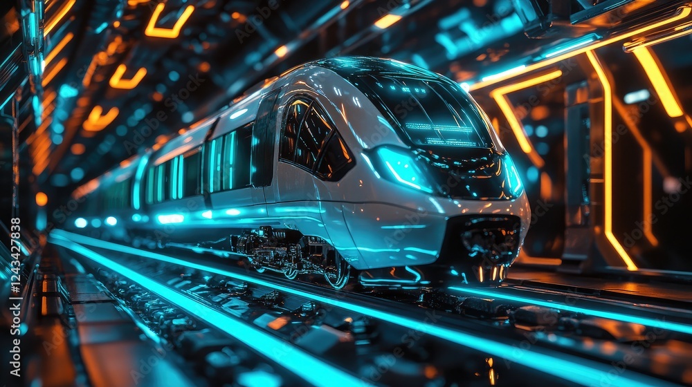 Fototapeta premium A futuristic high-speed train model glowing with blue and green neon lights