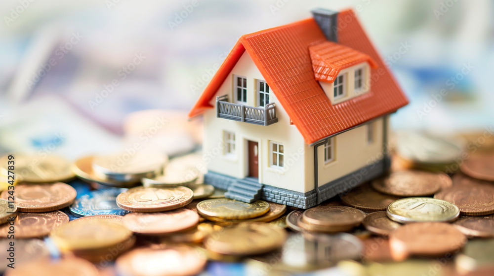 Small model house with red roof placed on stacks of coins representing real estate investment, property financing, and mortgage concepts for financial services and housing market promotions Small model house with red roof placed on stacks of coins representing real estate investment, property financing, and mortgage concepts for financial services and housing market promotions