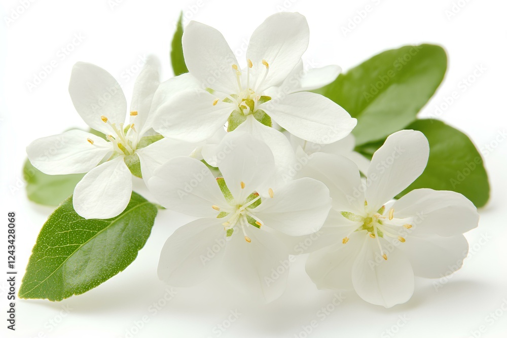 Close up, Close-up of a white jasmine flower with delicate petals and green leaves Close up, Close-up of a white jasmine flower with delicate petals and green leaves