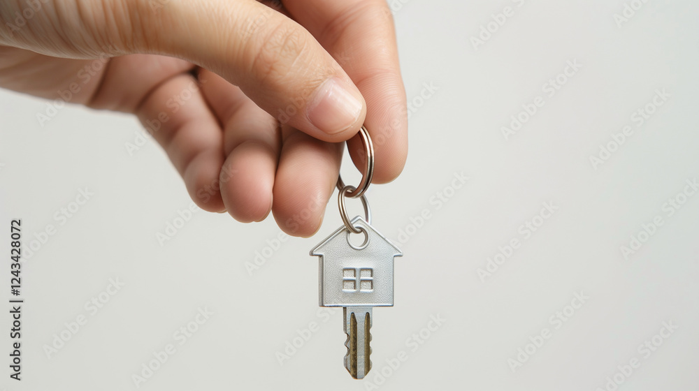 Hand holding a house-shaped key for real estate promotions, homeownership concepts, rental services, and property investment marketing Hand holding a house-shaped key for real estate promotions, homeownership concepts, rental services, and property investment marketing