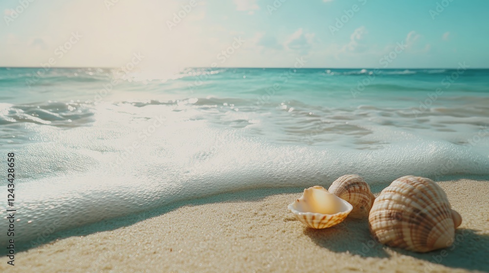 A serene beach scene featuring seashells on soft sand, with gentle waves and a tranquil blue sky illuminated by sunlight. A serene beach scene featuring seashells on soft sand, with gentle waves and a tranquil blue sky illuminated by sunlight.