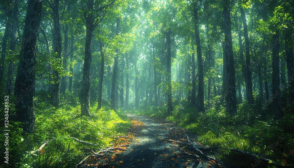 Obraz premium Sunlit Path Through A Lush Green Forest