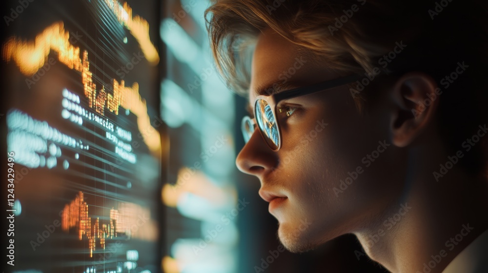 A young man with glasses intently observes data analytics on a digital screen, showcasing a focused and analytical mindset. A young man with glasses intently observes data analytics on a digital screen, showcasing a focused and analytical mindset.