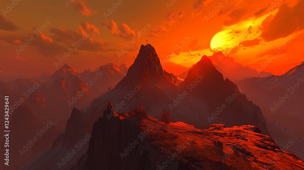 Naklejka premium Fiery Sunset Mountain Peak Panorama