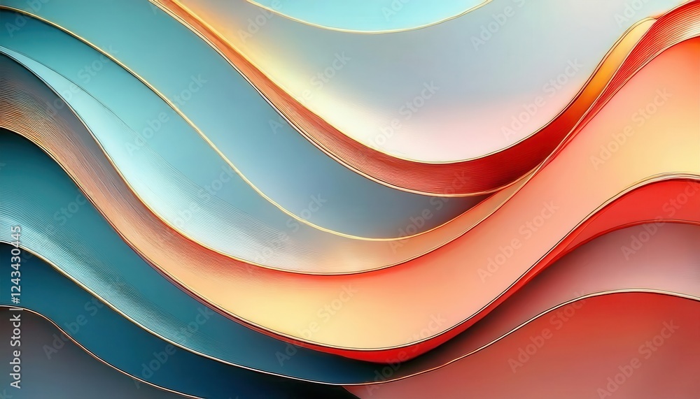 Obraz premium fluid abstract wave with metallic gold accents, soft gradient of blue, red, and peach