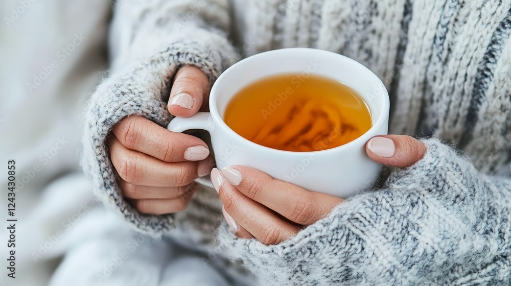A cozy scene featuring a person in a knitted sweater holding a warm cup of tea, evoking feelings of comfort and relaxation. A cozy scene featuring a person in a knitted sweater holding a warm cup of tea, evoking feelings of comfort and relaxation.