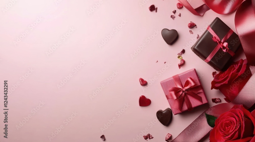 A Luxurious Dark Chocolate Bar, Adorned with an Array of Heart-Shaped Chocolates, Elegantly Placed Amidst a Romantic Setting of Crimson Roses and Delicate Greenery, Evoking a Sense of Affection and In A Luxurious Dark Chocolate Bar, Adorned with an Array of Heart-Shaped Chocolates, Elegantly Placed Amidst a Romantic Setting of Crimson Roses and Delicate Greenery, Evoking a Sense of Affection and In