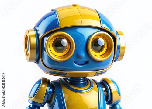 Futuristic Mini Robot, Blue Yellow, Posable AI,  Isolated on White Background, PNG photo