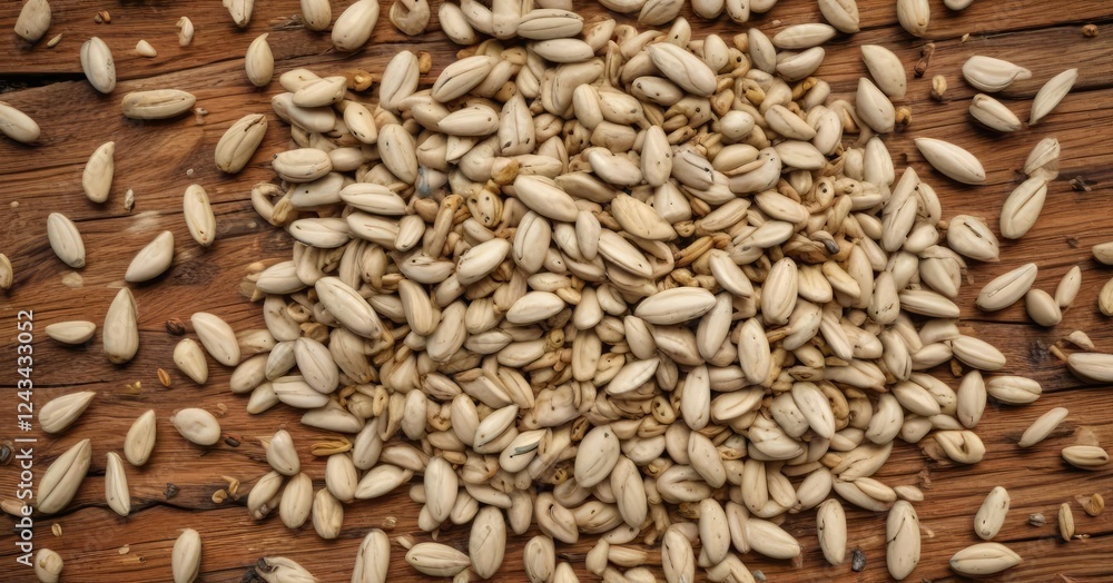 Sunflower seeds scattered in a random pattern on a wooden log, botanical details, rustic decoration, small sunflowers Sunflower seeds scattered in a random pattern on a wooden log, botanical details, rustic decoration, small sunflowers