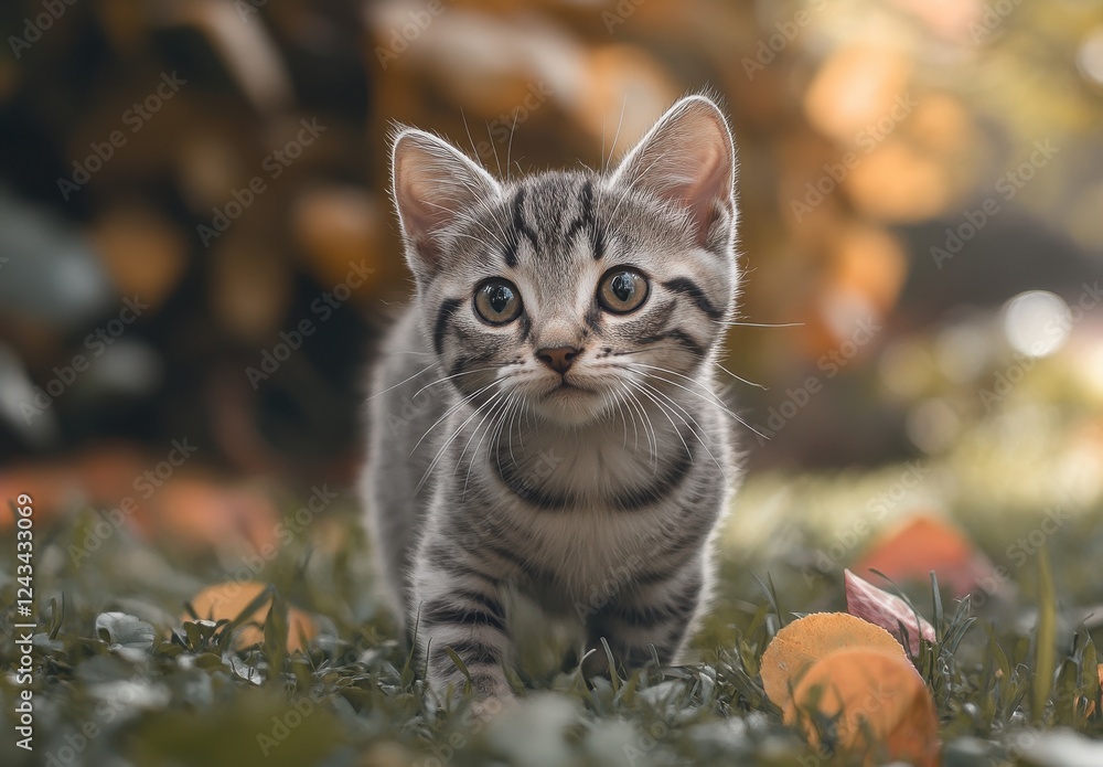 Fototapeta premium Cute tabby kitten exploring a garden filled with autumn leaves, showcasing innocence and playfulness in a serene natural environment