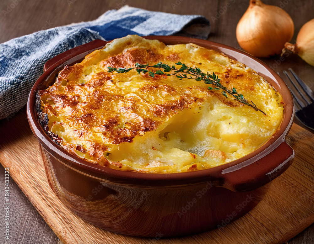 Εκτύπωση καμβά A golden-brown potato gratin with layers of thinly sliced potatoes, melted cheese, and cream is garnished with fresh thyme in a rustic ceramic baking dish