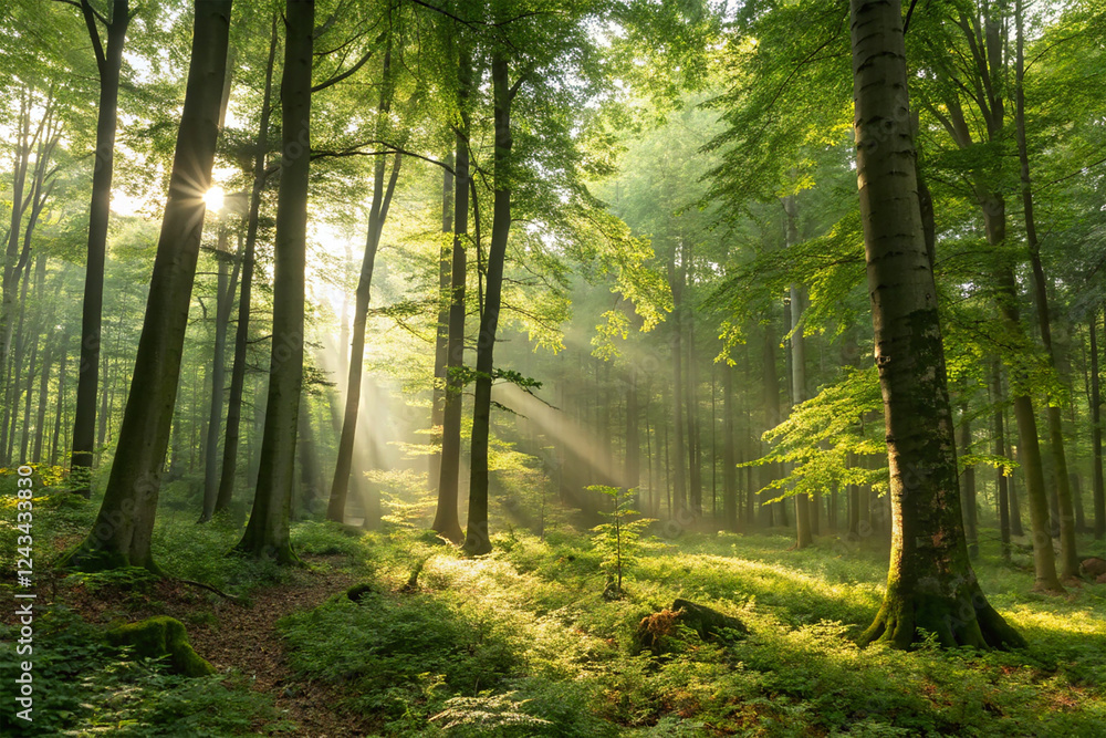 Obraz premium Dense forest with sunbeams filtering through the trees