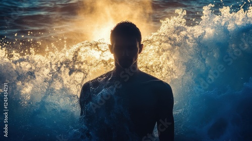 Portrait of a man in the ocean illuminated by sunset, capturing a moment of tranquility and reflection
