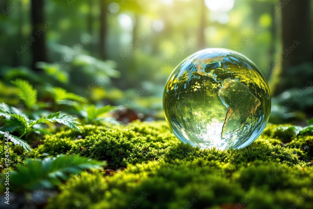 Glass globe with digital world map on vibrant green moss in a lush forest background, symbolizing sustainability and ecology concept. Ai generative Glass globe with digital world map on vibrant green moss in a lush forest background, symbolizing sustainability and ecology concept. Ai generative