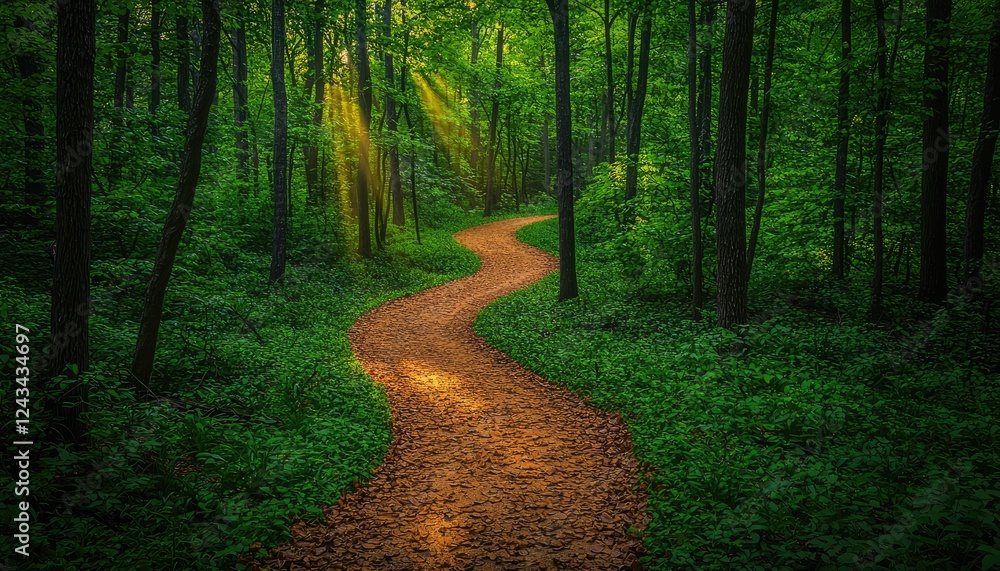 Fototapeta premium Sunlit Path Winding Through Lush Green Forest