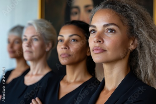 This image showcases four diverse women exuding confidence and strength  standing side by side in front of an artistic backdrop  embodying unity and empowerment.