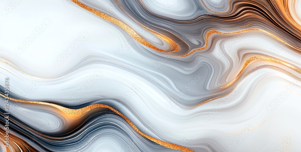 Fototapeta premium An abstract design featuring fluid marble textures in shades of gray, white, and gold. This elegant pattern showcases intermingling lines and shapes, perfect for modern decor.