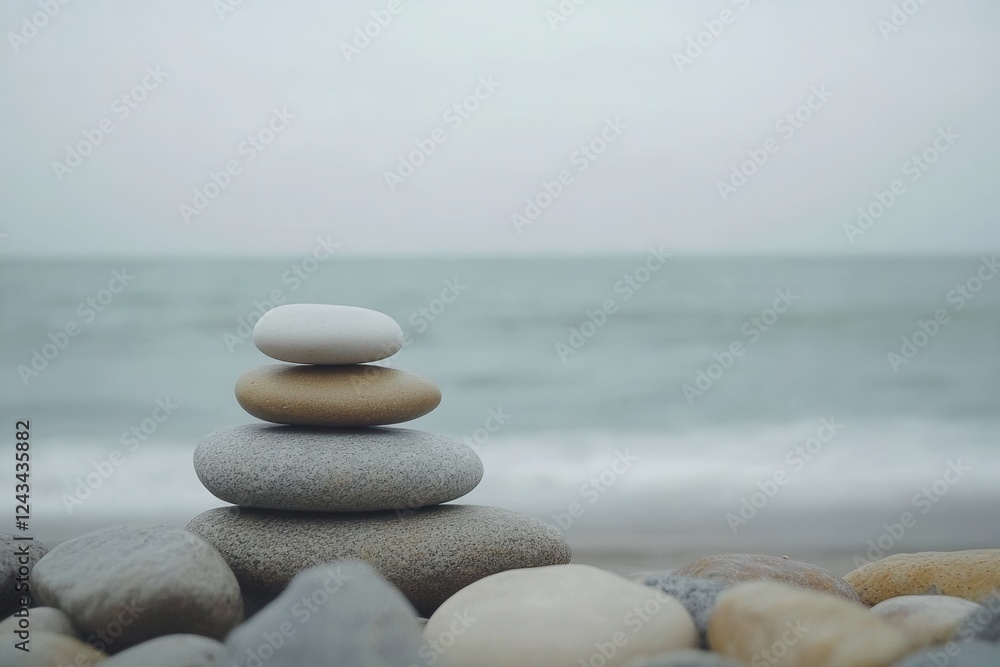 Tranquil Stack of Pebbles on Serene Beach Near Calm Ocean Waves Tranquil Stack of Pebbles on Serene Beach Near Calm Ocean Waves