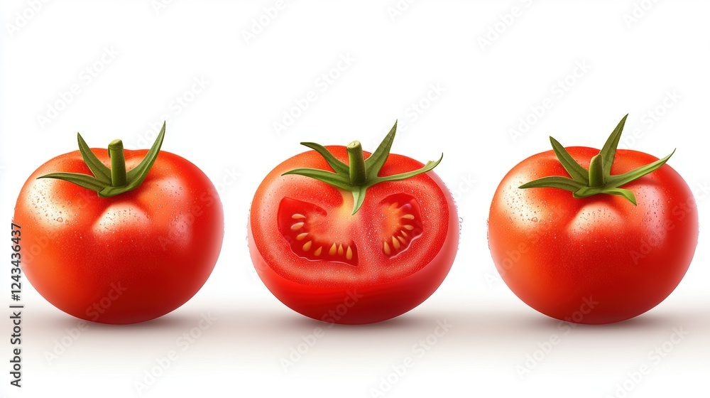 Three Red Tomatoes on White Background One Whole, One Halved, One Whole Three Red Tomatoes on White Background One Whole, One Halved, One Whole