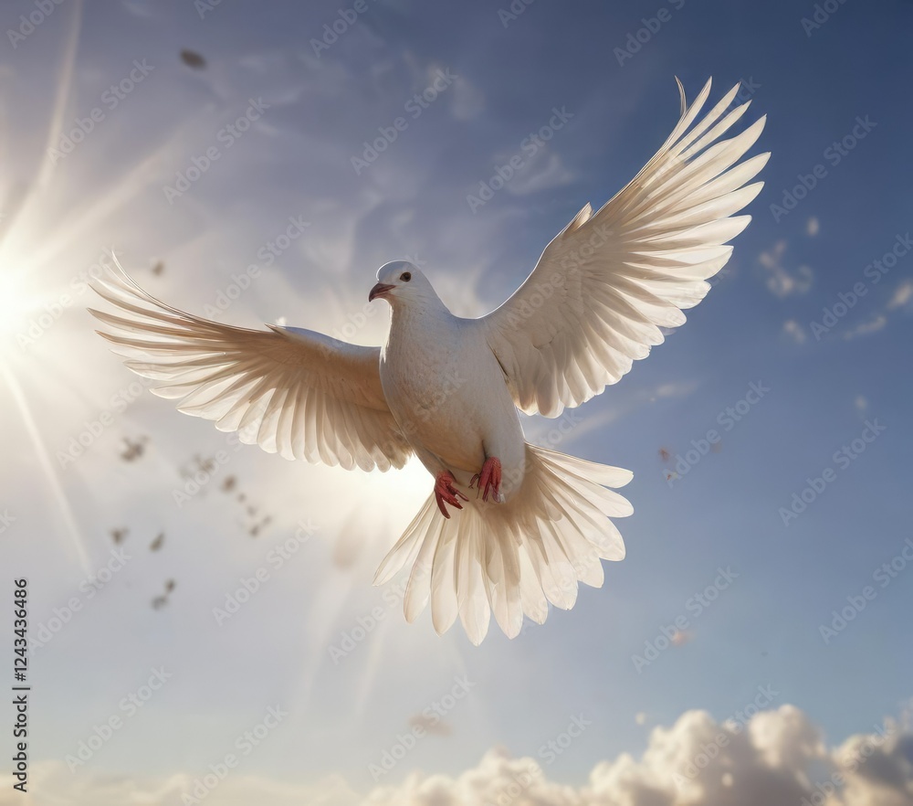 Obraz premium The sun shines brightly on a solitary white dove as it flies through the air, radiant, clouds, feather
